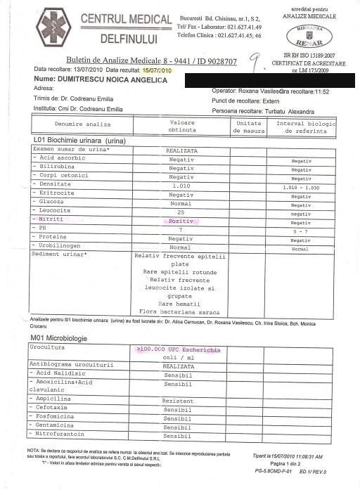Buletin de urocultură cu codul numeric personal acoperit.