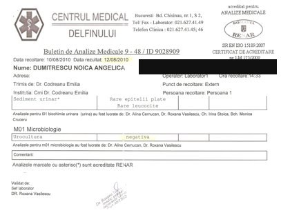 Buletin de analize de urină cu datele personale acoperite.