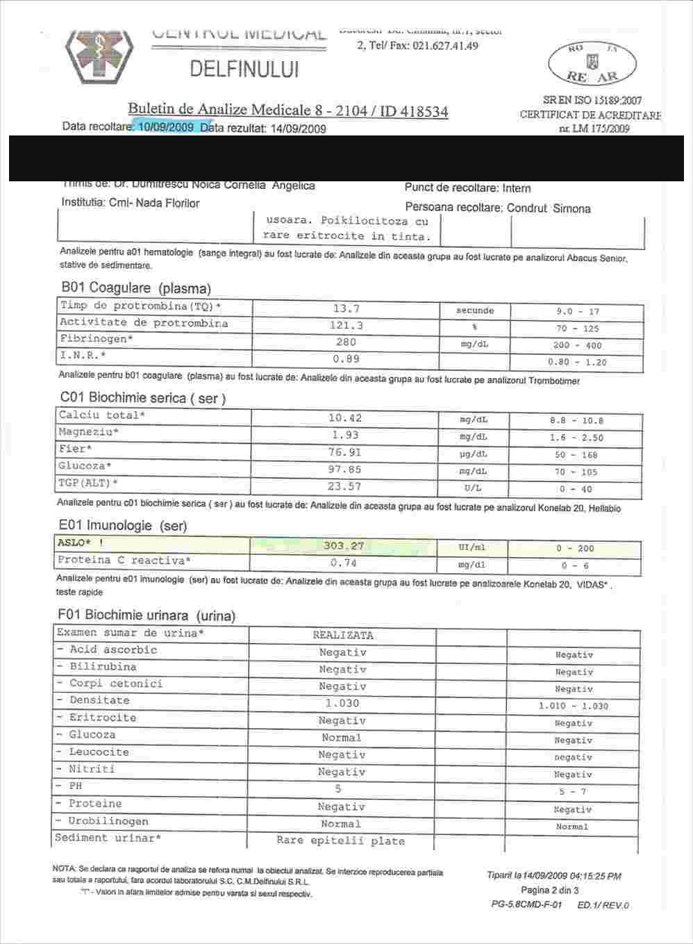 Buletin de analize — ASLO, după tratament