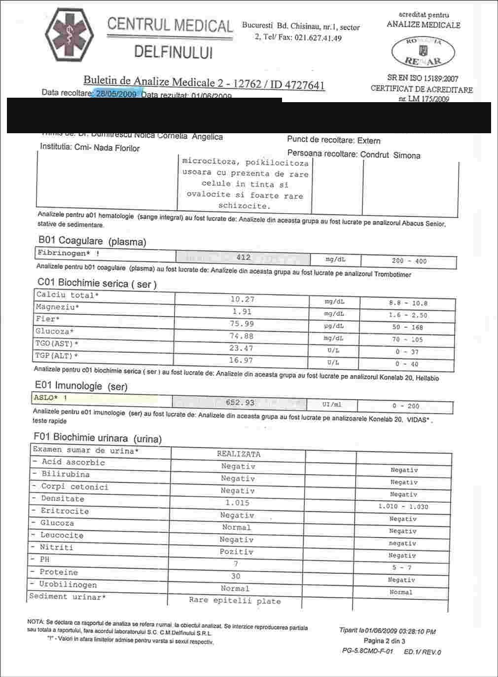 Buletin de analize — ASLO crescut, înainte de tratament